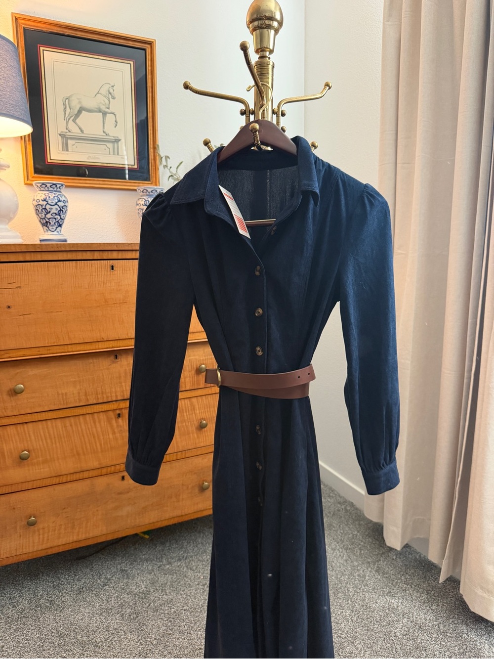 Ralph Lauren Style Women's Navy Button-Front Shirt Dress with Brown Belt